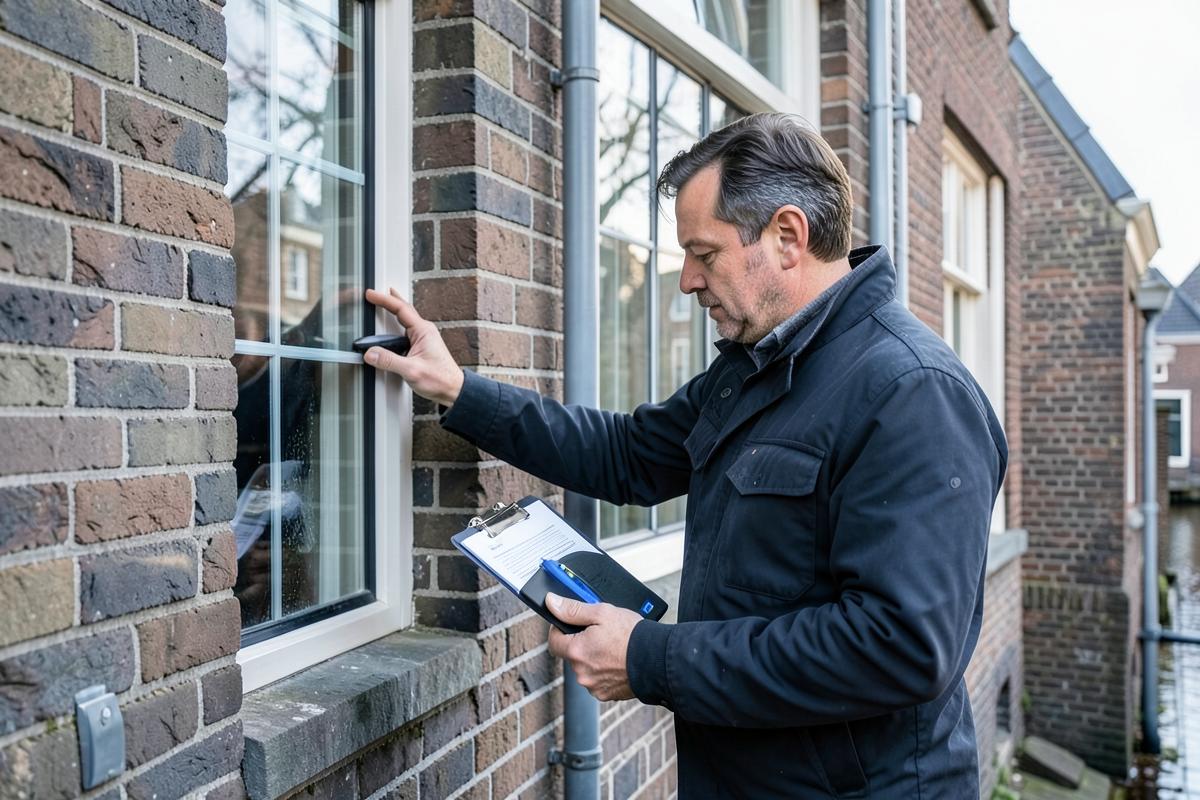 Bouwkundige inspecteert een Amsterdamse gevel