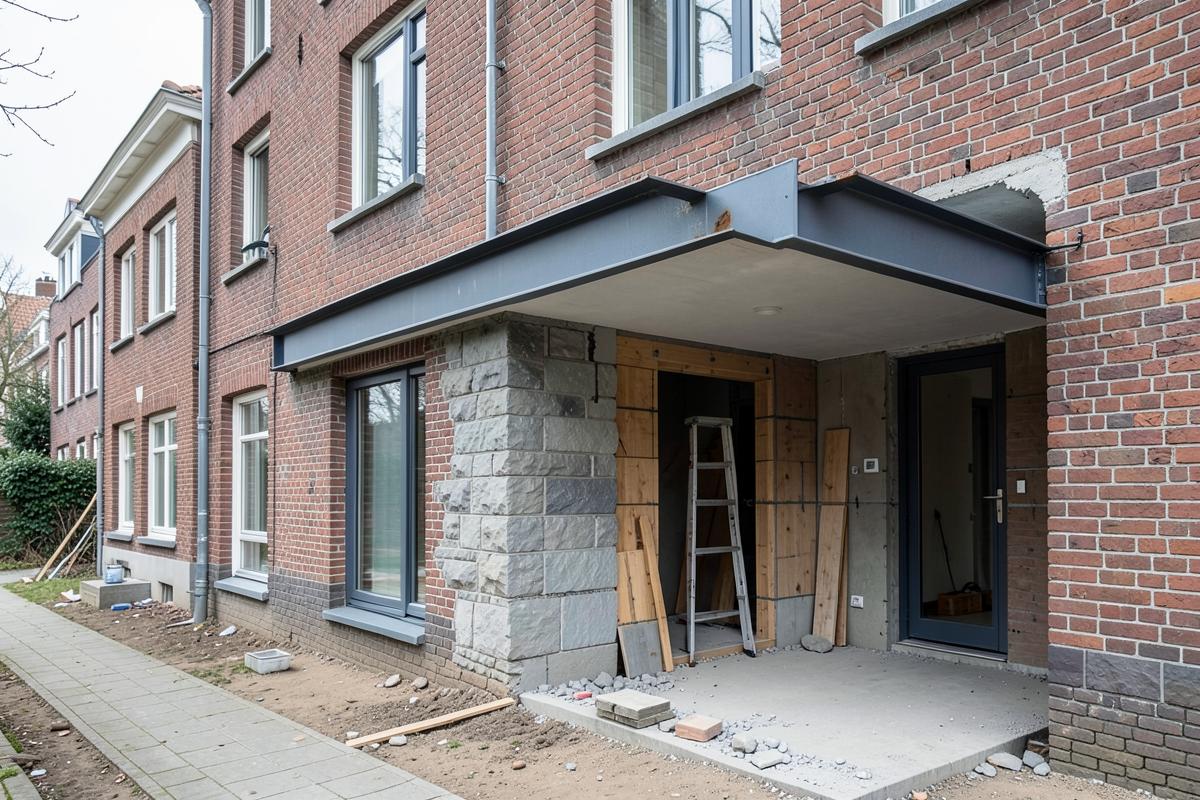 Achteruitbouw in aanbouw bij een bakstenen woning in De Pijp